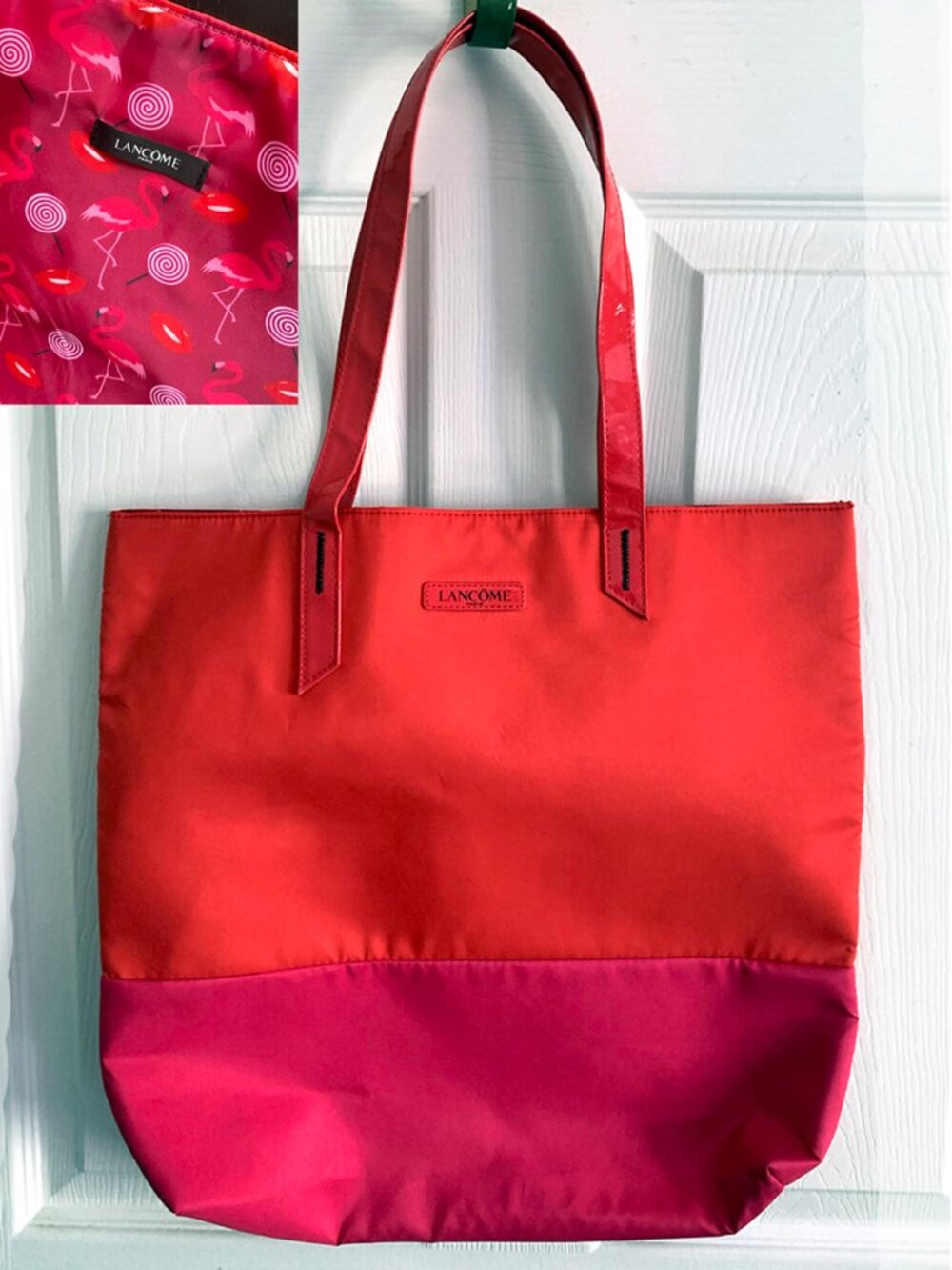 Lancôme Pink Orange Reversible Flamingo Print Large Tote Bag